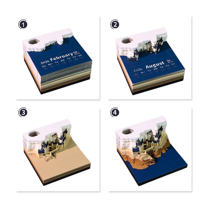 A 3D paper carving notepad and weekly calendar displaying multiple artistic designs and colour layers. Features a logo.
