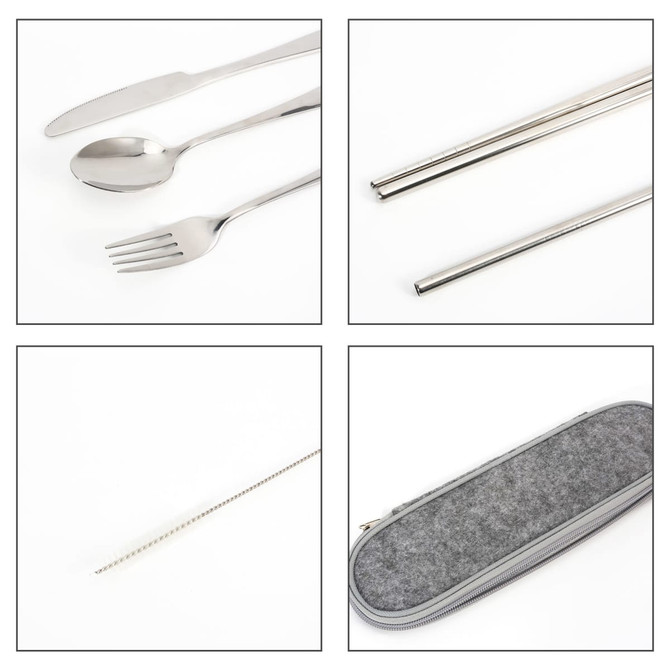 A stainless steel flatware set featuring a knife, spoon, fork, chopsticks, and a cleaning brush in a grey case.
