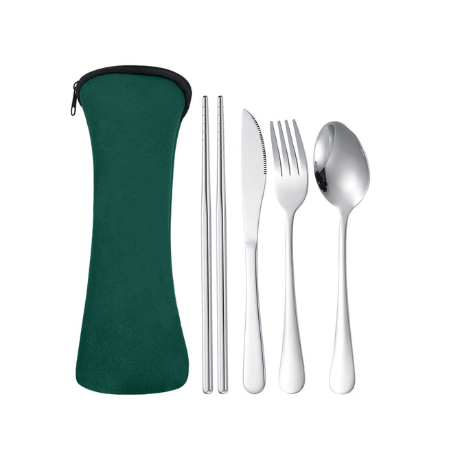 A green travel pouch containing stainless steel cutlery: chopsticks, knife, fork, and spoon.
