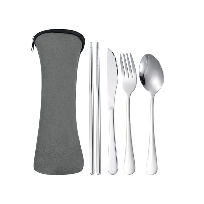 A grey travel pouch containing stainless steel cutlery: chopsticks, knife, fork, and spoon.