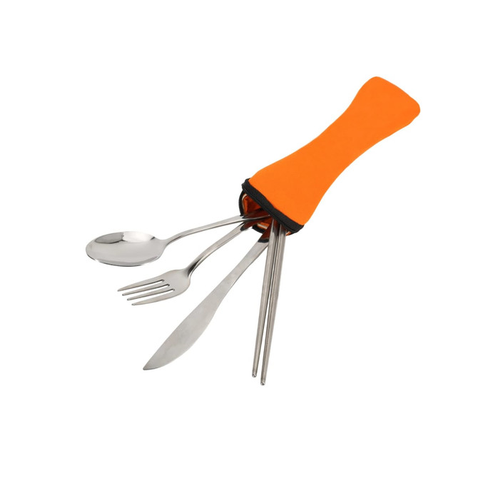A travel cutlery set in an orange case, featuring a spoon, fork, knife, and chopsticks.