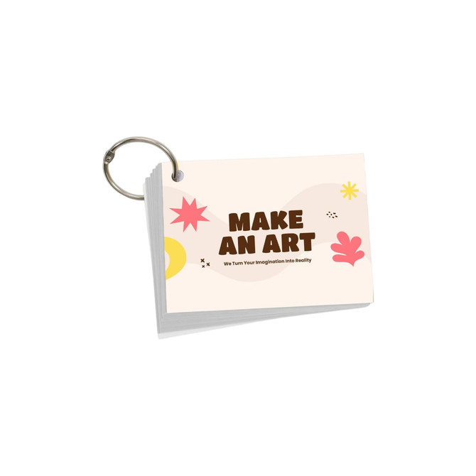 A ring-bound set of A7 index cards in pastel colours, featuring abstract shapes and text.