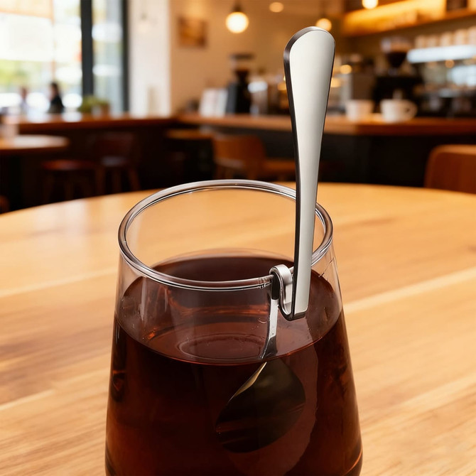 A stainless steel spoon hangs from a clear glass containing dark liquid, set on a wooden table in a café.