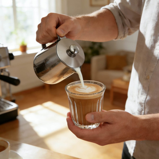 A stainless steel milk frothing pitcher with a lid pours milk into a glass of coffee in a bright, modern kitchen.