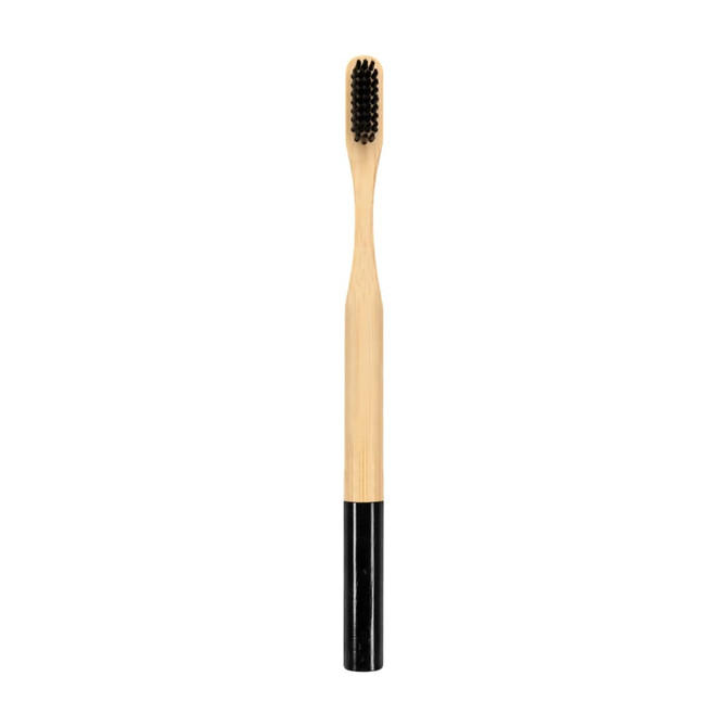A large round handle bamboo toothbrush featuring a black bristle head and a natural bamboo handle. It has a logo.