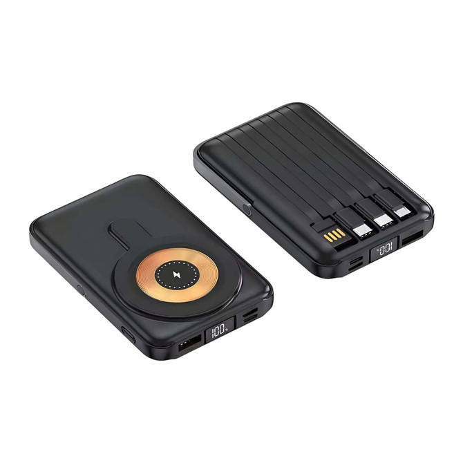 A black 10000mAh magnetic wireless power bank featuring multiple ports and a logo.