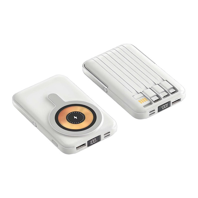 A white magnetic wireless power bank with a circular charging pad and multiple USB ports. It has a logo and LED display.