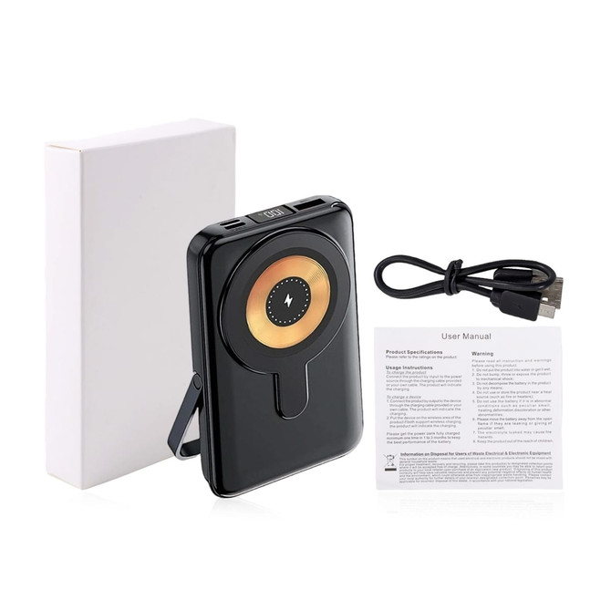 A black 10000mAh magnetic wireless power bank with a circular charging interface, USB port, and user manual.