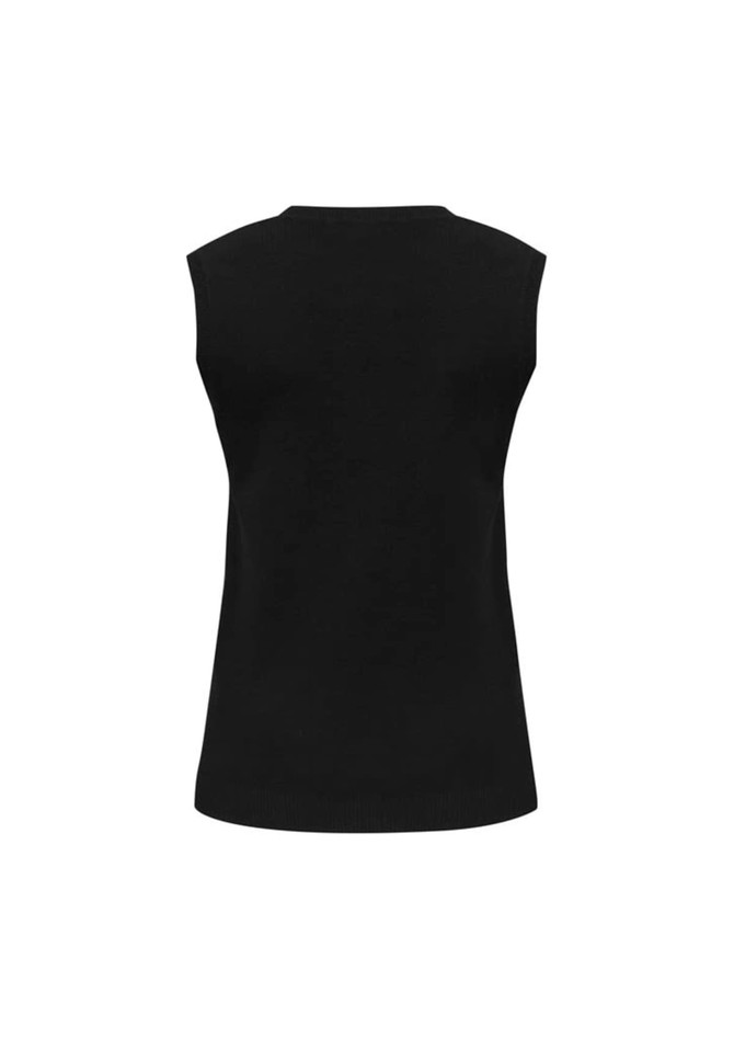A black women's V-neck knit vest with a sleeveless design and a fitted silhouette. Features a subtle logo.