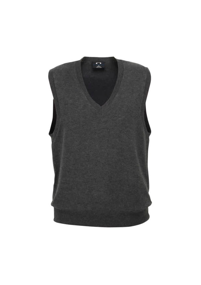 A dark grey women's V-neck knit vest with sleeveless design and a ribbed waistband. It features a logo at the neckline.