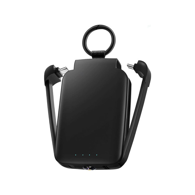 A black mini power bank with a flashlight and retractable charging cables, featuring a loop for easy carrying.
