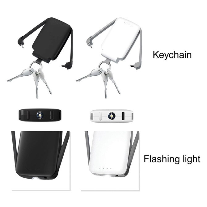 A mini power bank in black and white, featuring a keychain and a built-in flashlight.