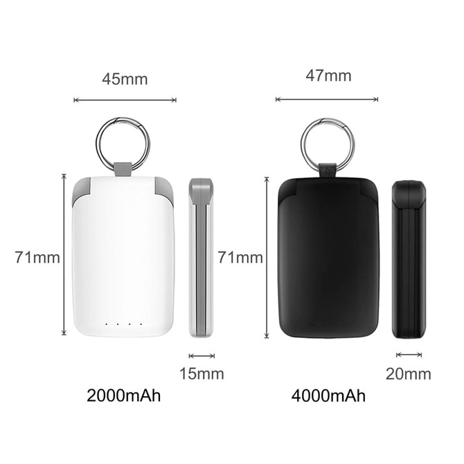 A mini power bank with flashlight in black and white, featuring keyring attachments and specifications displayed.