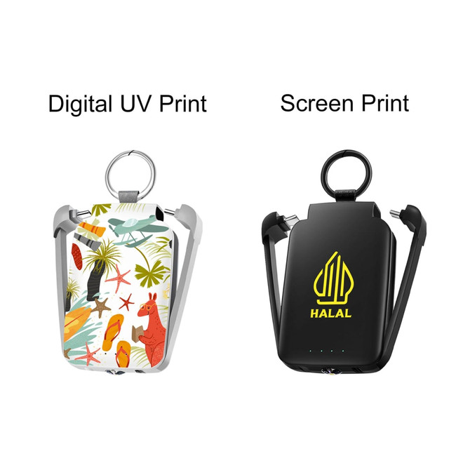 A mini power bank with flashlight, featuring a vibrant digital print design on one side and a black screen print with a logo on the other.