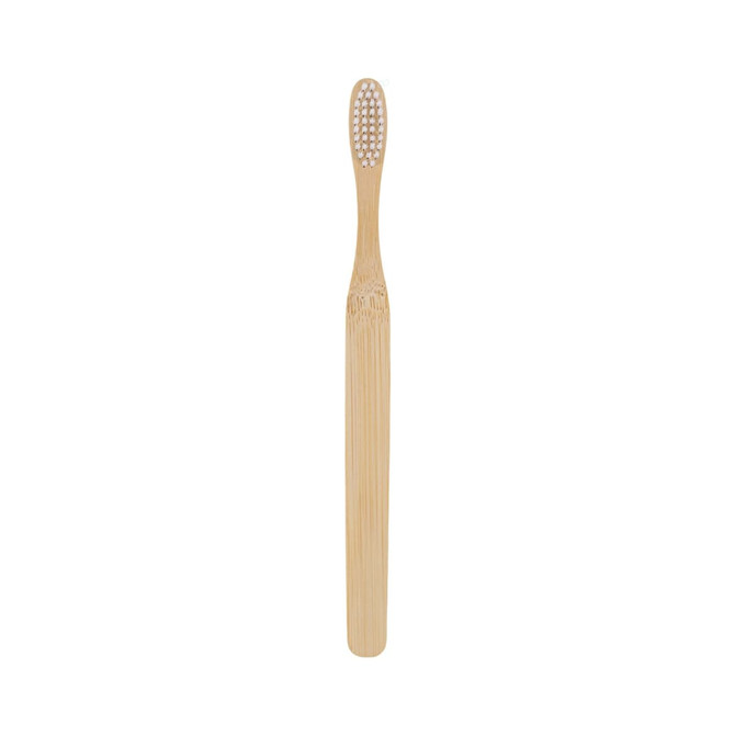 A large flat handle toothbrush with a bamboo handle and white bristles, featuring a textured grip and no visible branding.