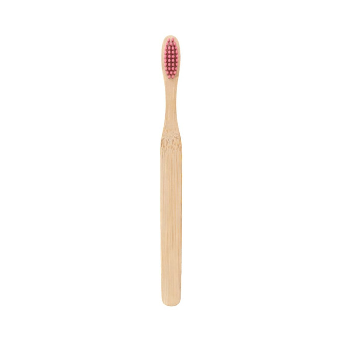 A large flat handle toothbrush with a bamboo body and a pink bristle head, featuring a logo.