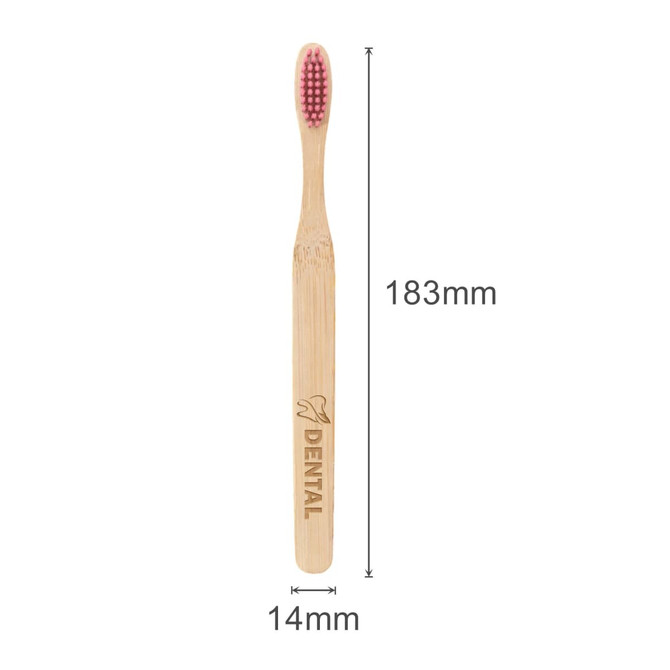 A large flat handle toothbrush made of bamboo with a pink bristle head and an engraved logo.