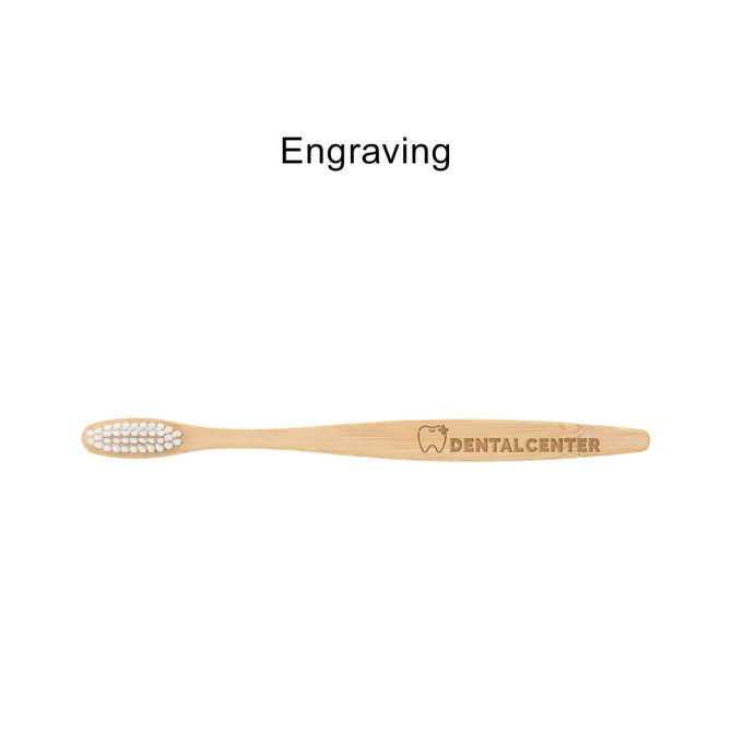 A large bamboo toothbrush with a light brown colour and a white bristle head, featuring a logo.