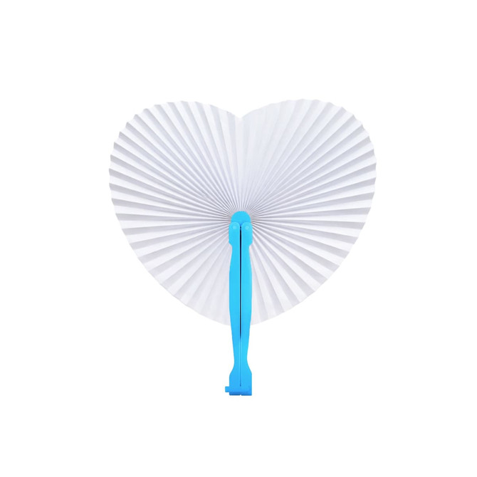A heart-shaped white paper fan with a blue handle, featuring a pleated design and a simple logo.