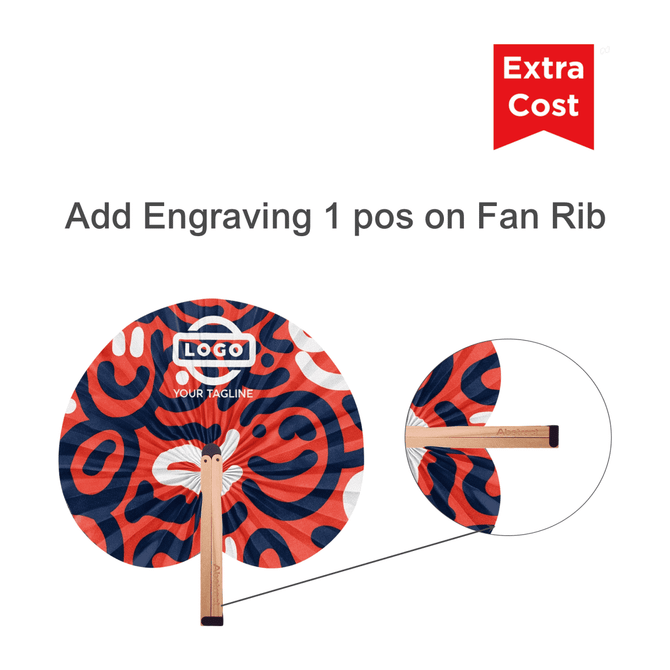 A peach-shaped wooden paper fan features a vibrant red and blue pattern with a fan rib for potential engraving.