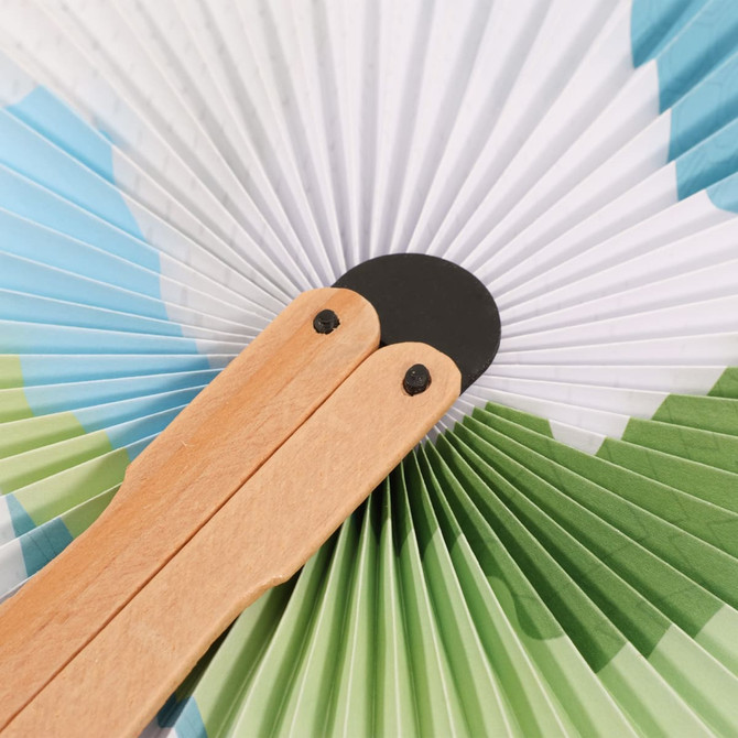 A wooden paper fan featuring a peach shape design with green and blue patterns. The fan has wooden handles.