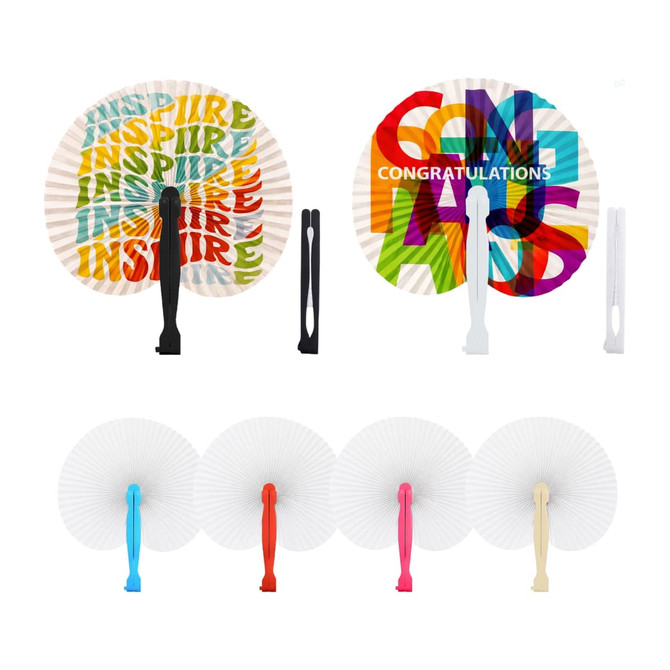A collection of peach-shaped plastic paper fans in multiple colours with various designs and a logo on each handle.