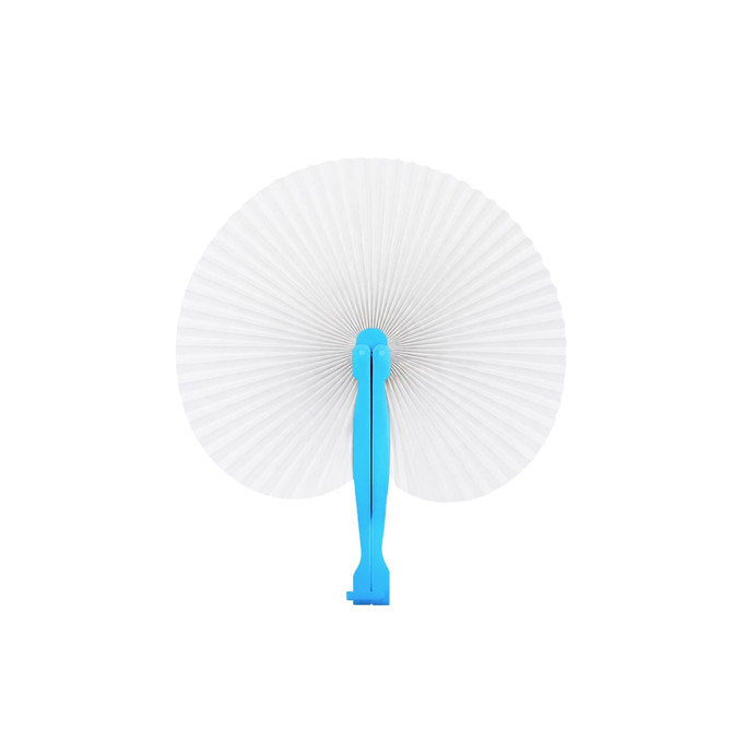 A peach-shaped plastic paper fan with a light blue handle and a white, pleated fan surface.