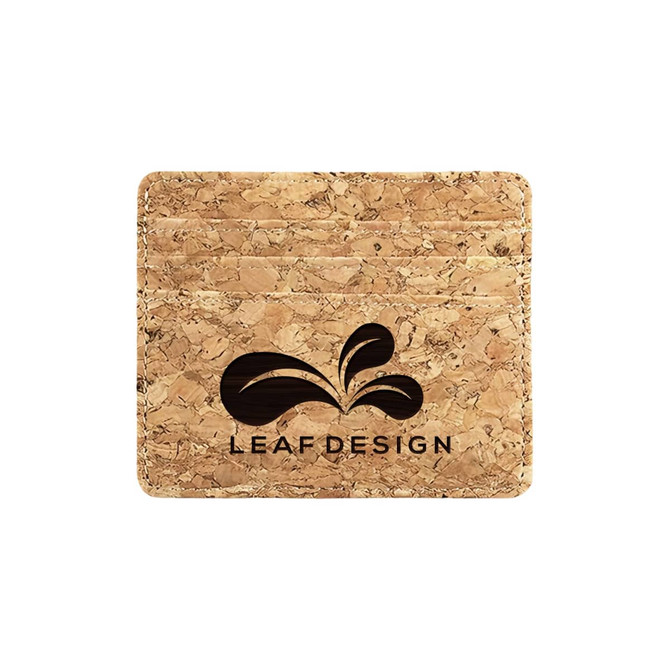 A cork card holder featuring multiple slots and a logo, showcasing a natural cork texture.