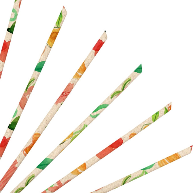 A collection of colourful, floral-patterned disposable 4-ply straight angled paper straws on a white background, featuring a logo.