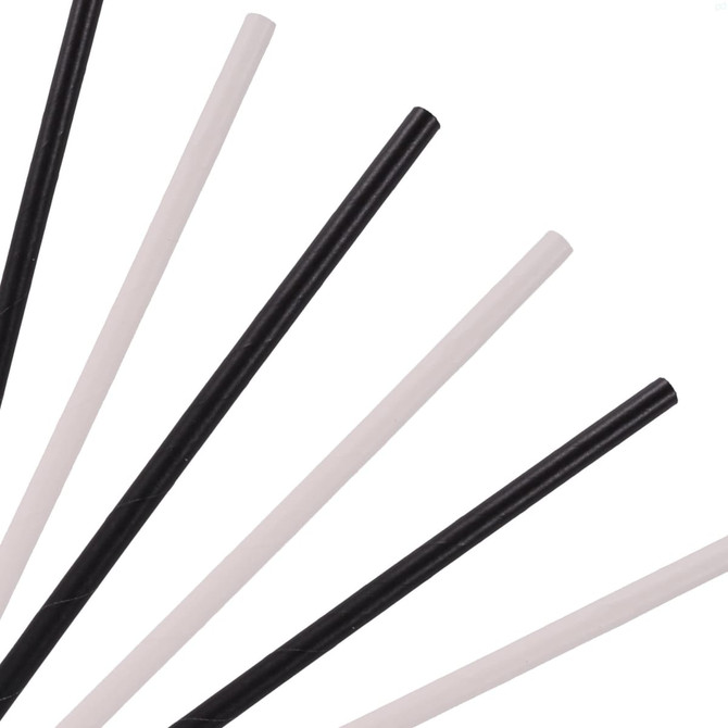 A collection of black and white disposable 4-ply straight drinking paper straws arranged in a fanned layout.