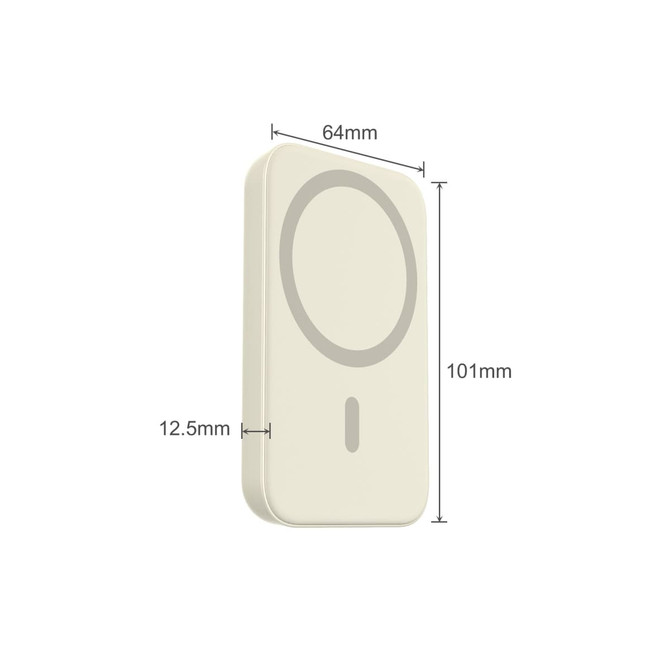 A creamy white magnetic wireless power bank featuring dimensions of 101mm x 64mm x 12.5mm, with a logo present.