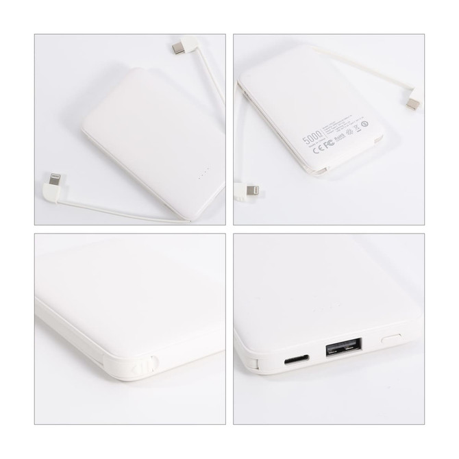 A white 5000mAh power bank with a built-in charging cable, featuring USB ports and a logo on the back.