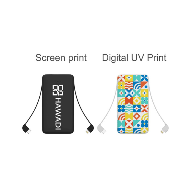 A slim power bank in black with a decorative multi-coloured design and integrated charging cable. Features a logo.