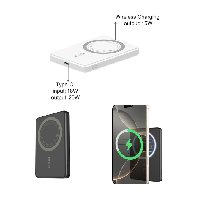 A magnetic wireless power bank in black and white with a Type-C input and wireless charging features.