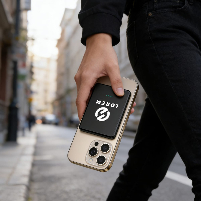 A 5000mAh magnetic wireless power bank in black is attached to a gold smartphone, held by a person walking on a street.