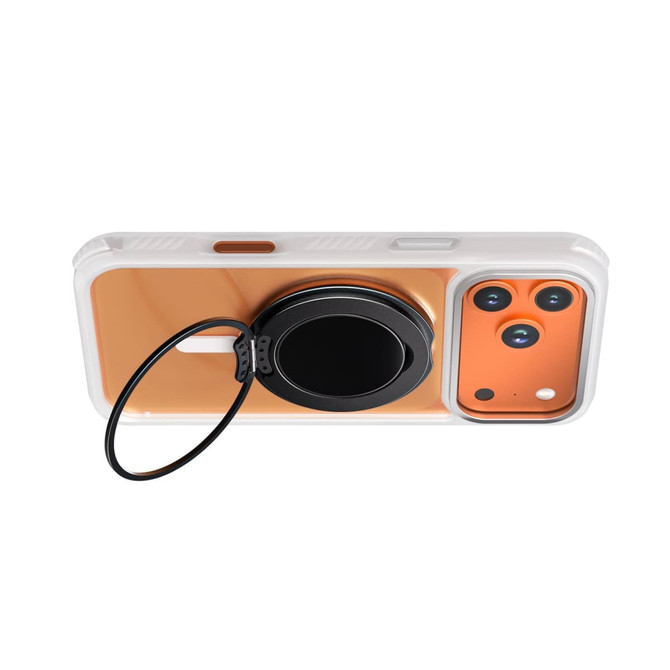 An orange and white phone case with a black grip and stand attachment on the back.