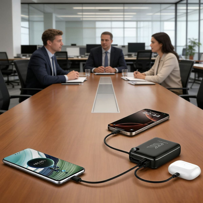 A 10000mAh power bank in black with connected charging cables, alongside two smartphones and a pair of earbuds on a conference table.