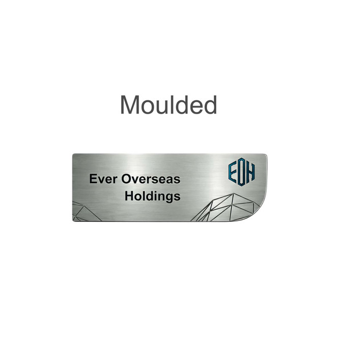 A custom metal name badge in silver with a geometric design and a logo, featuring text for a company name.