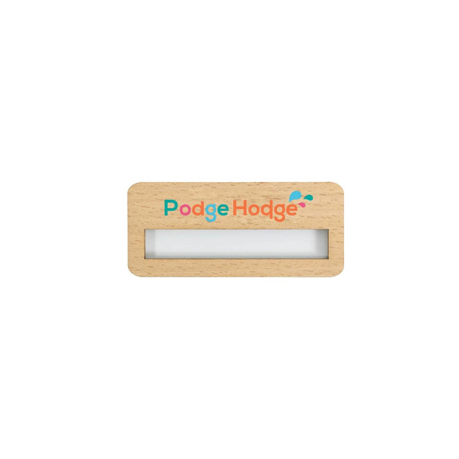 A wooden name badge in natural colour with a transparent window and a logo featuring vibrant colours.