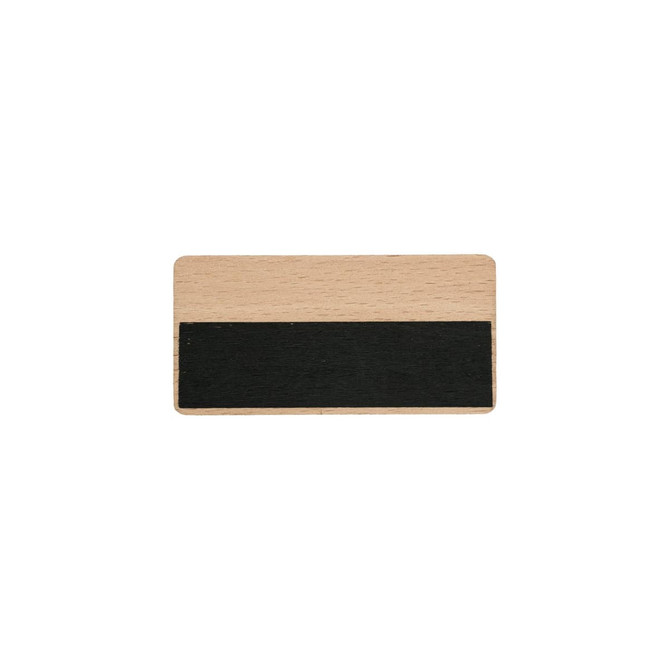 A wooden name badge with a black chalkboard section for writing, featuring a natural wood finish.