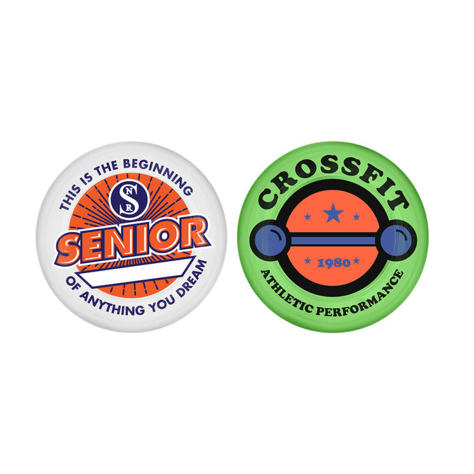Two round buttons, one white and orange with "Senior" text, the other green and orange featuring "Crossfit" and a design.
