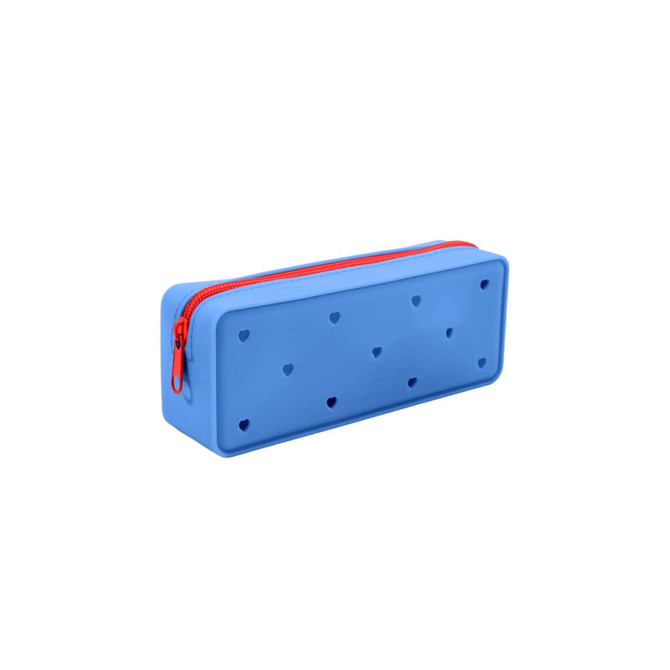 A light blue silicone pencil case with red zipper and heart-shaped holes on the side.