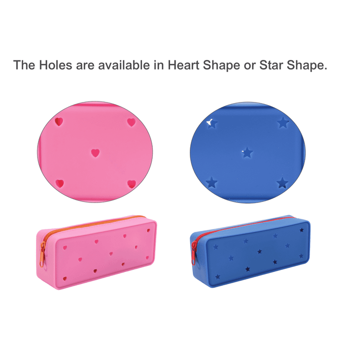A pink and blue silicone pencil case with heart and star-shaped holes, featuring zippers and a logo.