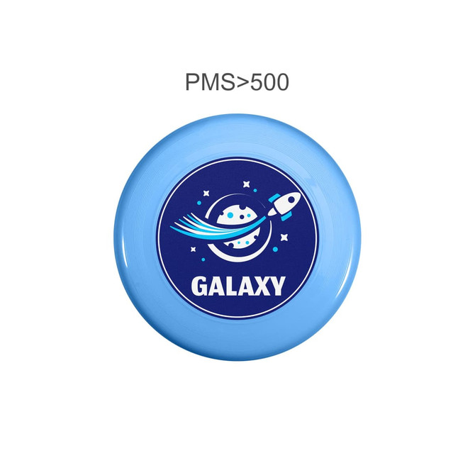 A blue frisbee featuring a graphic of a rocket and planets, with a logo in the centre.