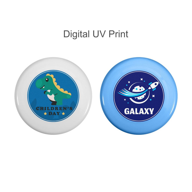 Two frisbees, one white featuring a green dinosaur, the other blue with a rocket and planet design. Both have logos.