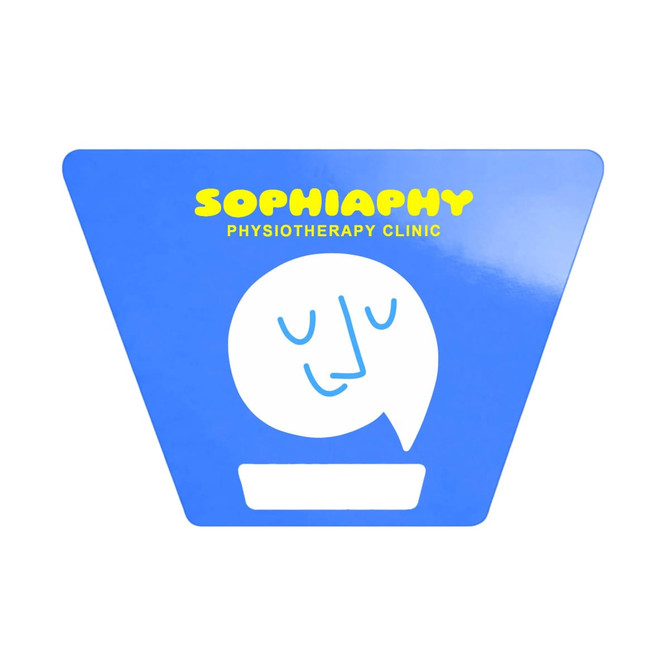A blue triangular sign with a smiling face graphic and a logo for a physiotherapy clinic.