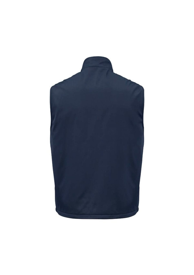 A unisex reversible fleece vest in navy, featuring a high collar and no sleeves, with a logo at the back.