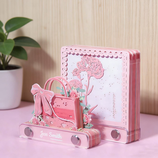 A pink 3D paper art handbag notepad with floral designs, displayed on a clear holder, beside a potted plant.