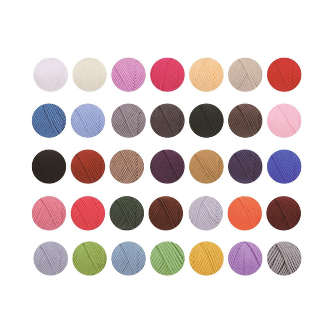 A variety of yarn balls in shades of pink, purple, red, blue, brown, green, and orange, arranged in a grid.