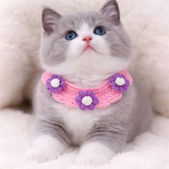 A grey and white kitten wearing a pink crochet bib decorated with purple and white flowers, set against a soft, light background.
